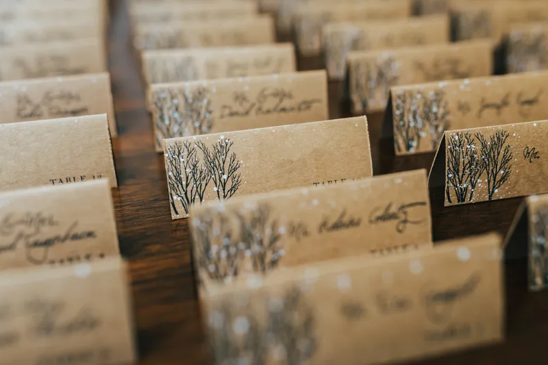 Beautifully printed place cards arranged on a table