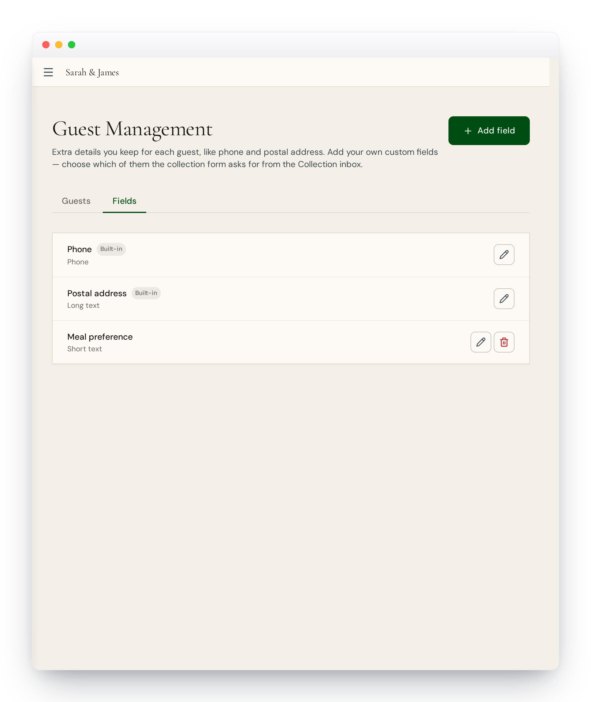 The Fields tab on the Guests page