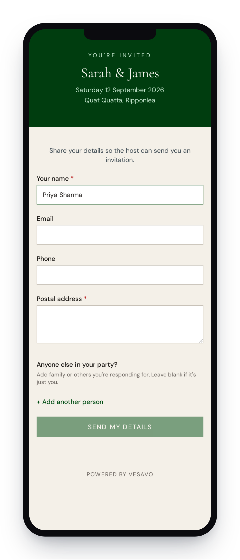 The contact-collection form as a guest sees it on their phone