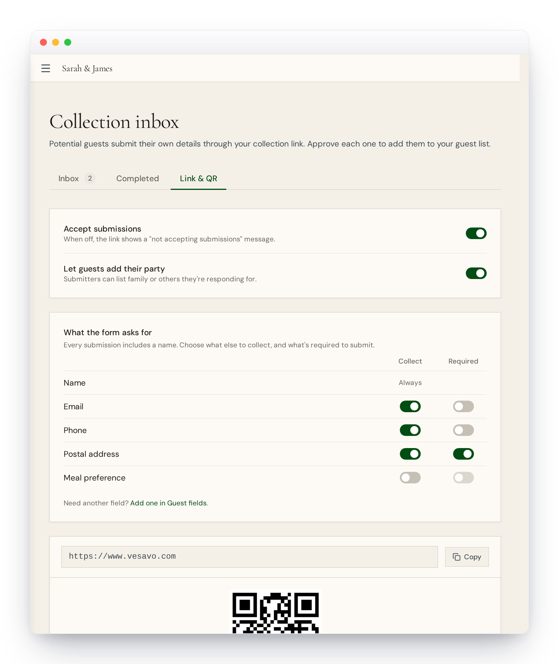 The Link and QR tab in the Collection inbox