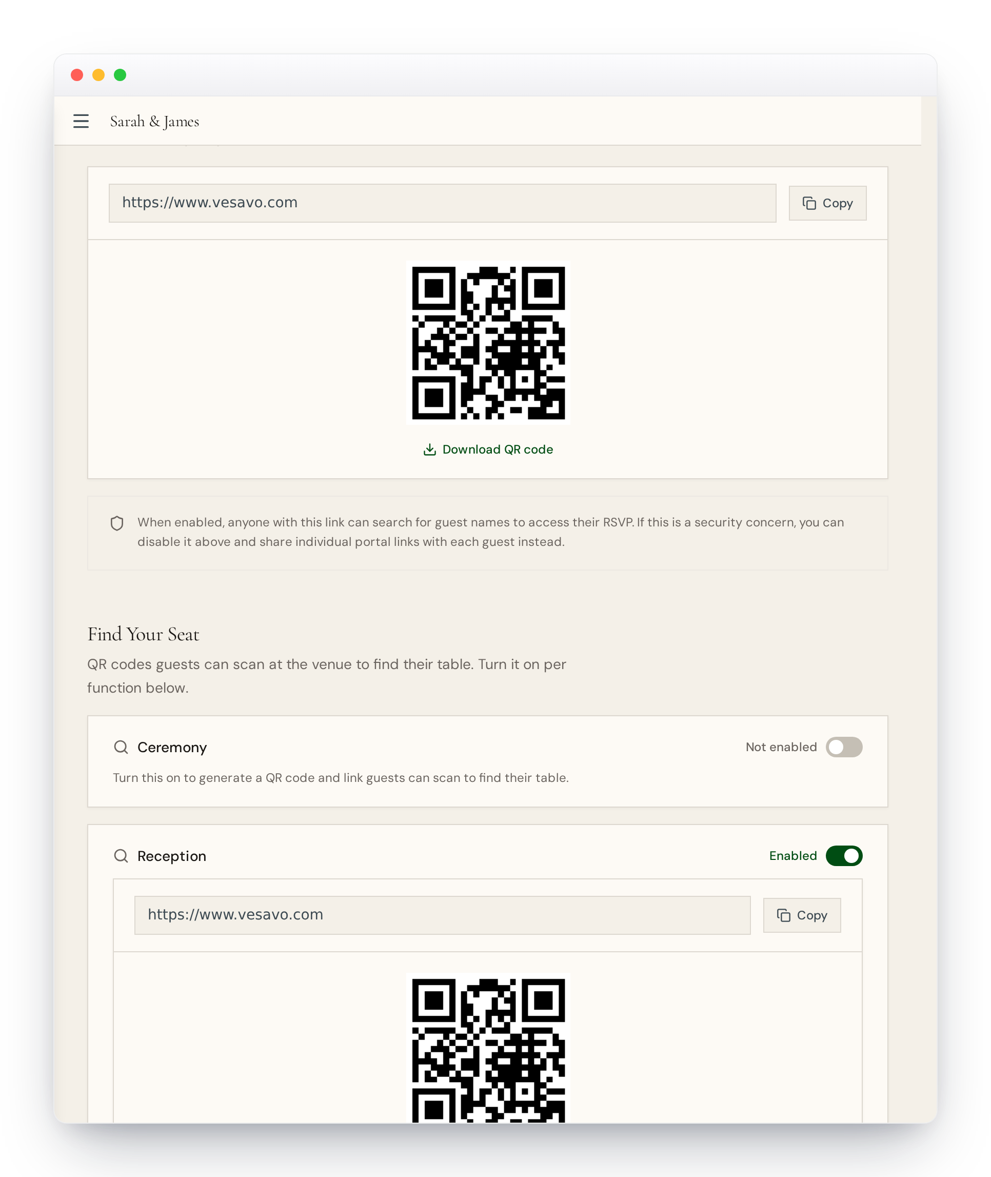 Links & QR Codes with Find Your Seat enabled for Reception