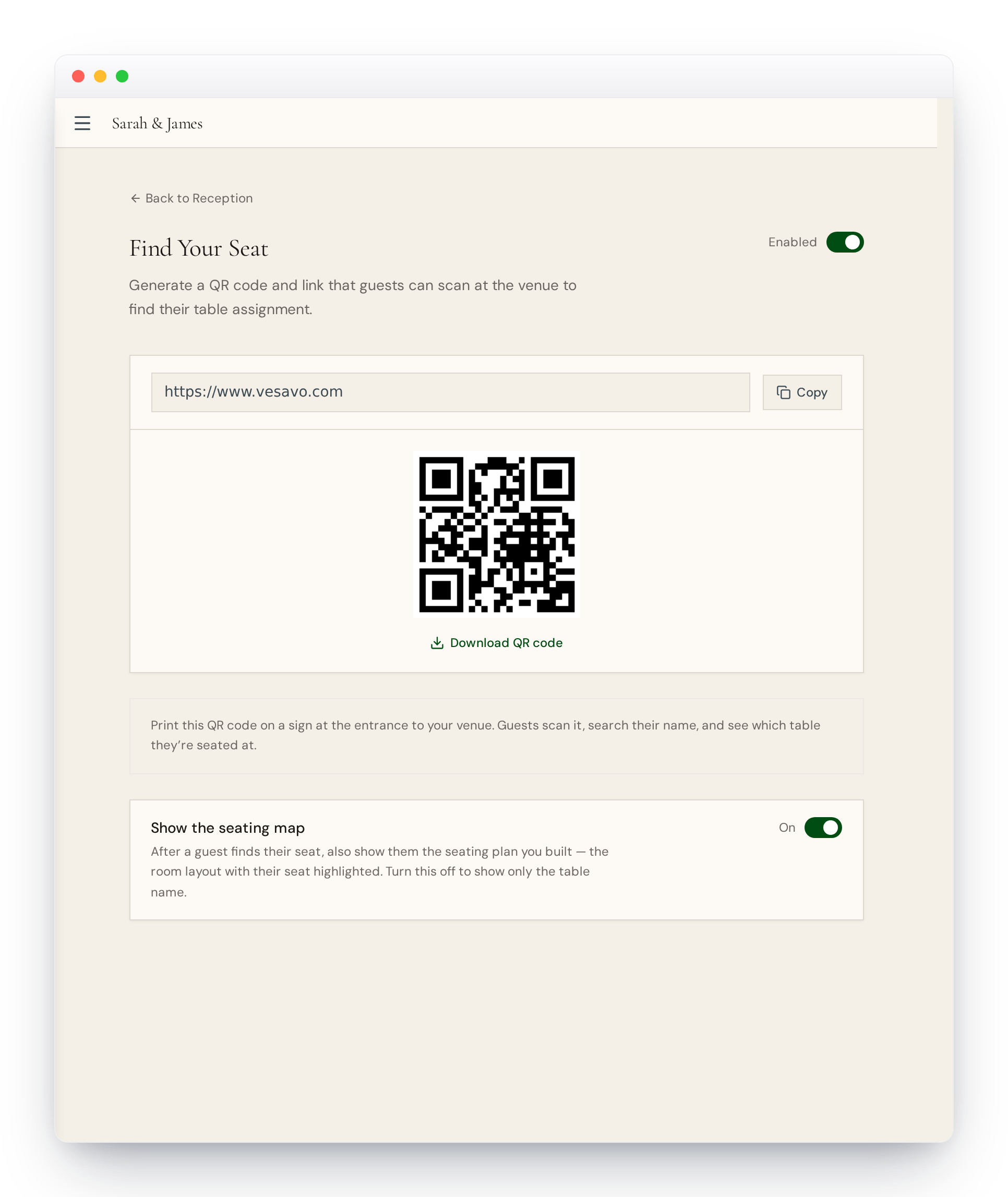 Find Your Seat page with shareable link and QR