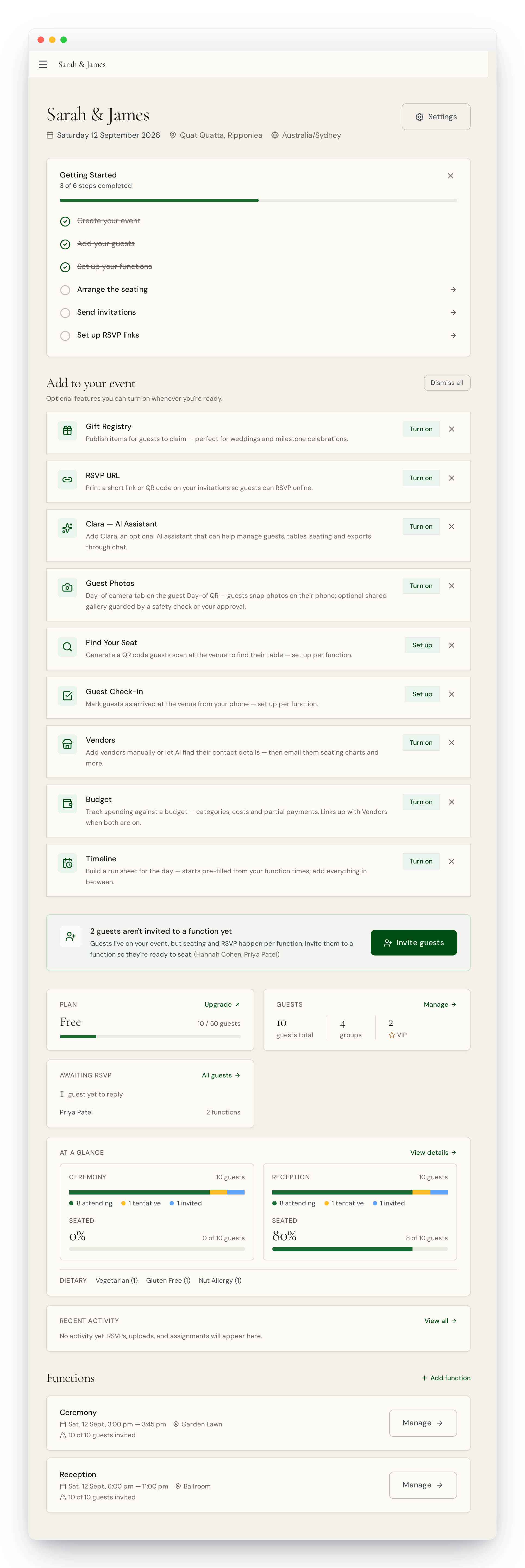 The Vesavo event overview with an onboarding checklist, RSVP and seating analytics, and a list of functions