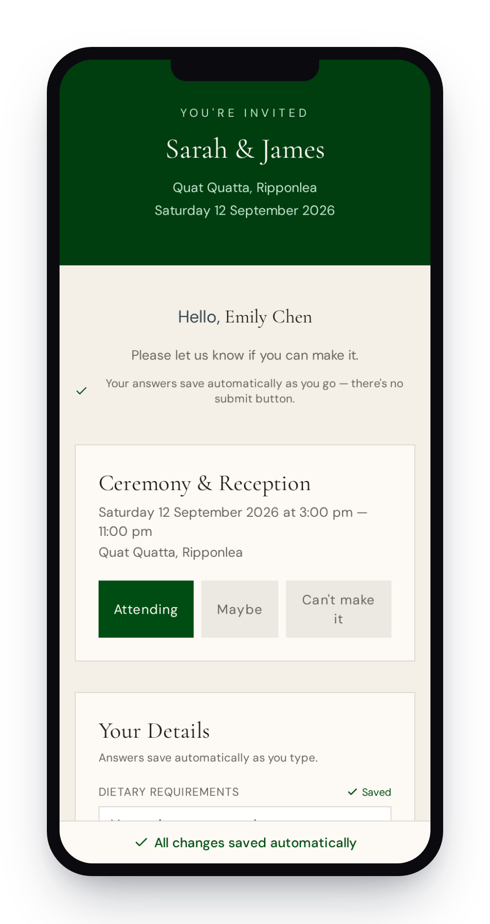 The guest RSVP website shown on a phone